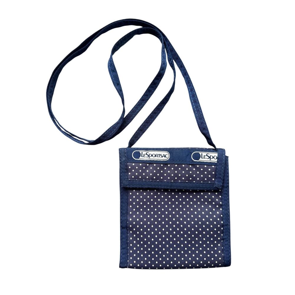 LeSportsac Tri-Fold Crossbody Wallet Blue Polka Dot Nylon Travel Organizer VTG